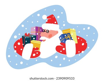 Cheerful Santa Claus with gifts in his hands. Vector illustration in flat graphic style. New Year's gifts in colored packaging. Winter cartoon character. Christmas cap and mittens. Snowfall