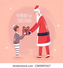 Cheerful Santa Claus Giving Gift Box to a Boy on Peach Noise Effect Background for Merry Christmas Celebration.