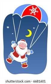 Cheerful Santa Claus goes down from the sky on a parachute. Christmas illustration.
