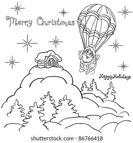 Cheerful Santa Claus goes down from the sky on a parachute. Christmas illustration.