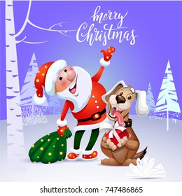 Cheerful Santa Claus and happy little dog sitting and smiling with a gift in paws. The dog is a symbol of 2018 according to the Chinese calendar. Vector illustration.