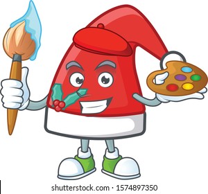Cheerful santa claus hat painter cartoon character with brush
