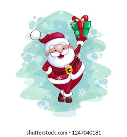 Cheerful Santa Claus is holding a gift. Against the backdrop of an imitation of a watercolor Christmas tree and snowflakes. Vector illustration.