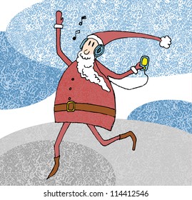 Cheerful Santa Claus listening audio player in headphones and dancing. Vector illustration.