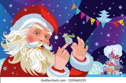 cheerful Santa Claus meets guests walks around the Christmas tree in the winter evening and comes to visit