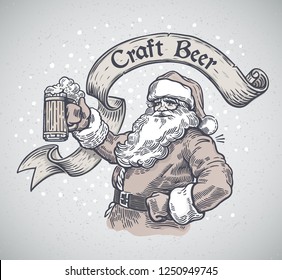 Cheerful Santa Claus with a mug beer in hand with ribbon and inscription on it.