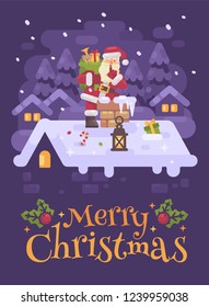 Cheerful Santa Claus on a roof climbing into the chimney with a bag full of presents  on Christmas night. Purple winter flat illustration greeting card