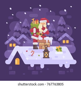 Cheerful Santa Claus on a roof climbing into the chimney with a bag full of presents  on Christmas night. Purple winter flat illustration