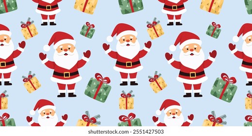 Cheerful Santa Claus pattern with colorful jolly wrapped gift on light blue background. Cute vector Santa in Christmas cartoon style. For holiday decor, postcard, prints.