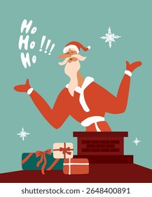 Cheerful Santa Claus peeking out of house chimney throwing up his hands saying phrase hohoho. Holiday vector postcard. Festive xmas illustration, greeting card with gift box, isolated design element