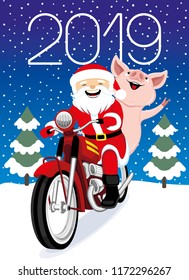 Cheerful Santa Claus and pig on a red retro motorcycle.