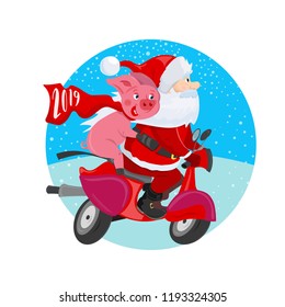 Cheerful Santa Claus and pig on a red scooter. Round layout.