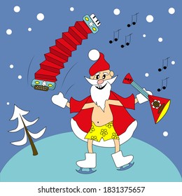 Cheerful  santa claus plays a musical instrument. Vector illustration for card, banners, background