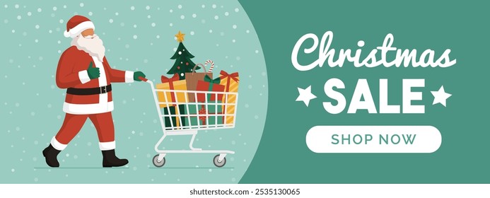 Cheerful Santa Claus pushing a shopping cart full of Christmas gifts and giving a thumbs up, banner with copy space