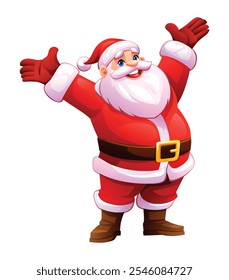 Cheerful Santa Claus raising his arms in joy, welcoming the Christmas season. Vector cartoon illustration