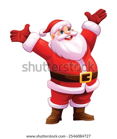 Cheerful Santa Claus raising his arms in joy, welcoming the Christmas season. Vector cartoon illustration