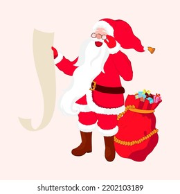 Cheerful Santa Claus Reading List With Red Sack Full Of Gift Boxes On White Background.