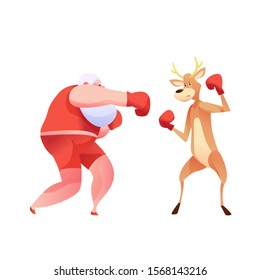 Cheerful Santa Claus and reindeer boxing in red gloves. Cartoon christmas symbols working out. Sport and active lifestyle of Xmas funny characters