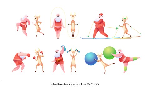 Cheerful Santa Claus and reindeer doing sport running, warming up. Santa jumping at skipping rope, skiing, boxing and working out with barbells. Cartoon christmas symbols. Xmas flat funny characters