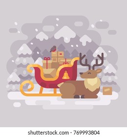 Cheerful Santa Claus reindeer lying down near sleigh with presents in a snowy winter mountain landscape. Christmas greeting card flat illustration