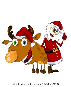 Cheerful Santa Claus and ridiculous reindeer wish friends  Happy New Year on isolated white background. Illustration, vector