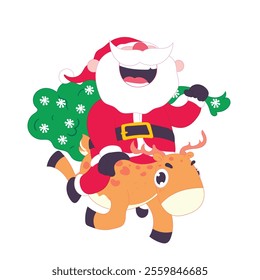 Cheerful Santa Claus riding a reindeer with a big gift bag, cartoon Christmas illustration.