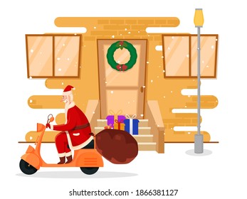 Cheerful Santa Claus Riding Scooter And Keep The Gift Box At Door For Merry Christmas Festival.
