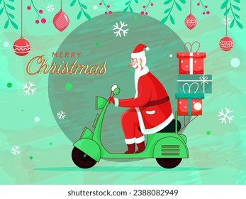 Cheerful Santa Claus Riding Scooter with Gift Boxes, Leaves, Berry Branch and Hanging Baubles Decorated on Snowflake Light Green Background for Merry Christmas.