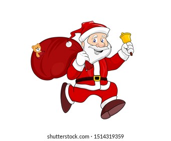 cheerful Santa Claus runs with gift bag and bell. Christmas design element. isolated vector image