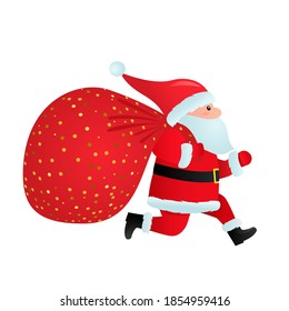 Cheerful santa claus runs to give gifts with a full bag. Xmas and new year 2020 -2021 concept.