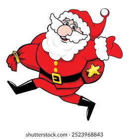 Cheerful Santa Claus runs with sack Cartoon santa claus running with a gift sack. Christmas vector decoration on transparent background