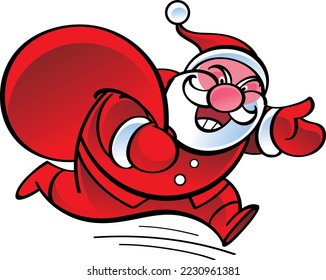 Cheerful Santa Claus with a sack of Christmas gifts is in a hurry to deliver them to children and wishes everyone happy holidays. Image for Christmas greeting card.