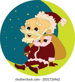 cheerful santa claus is sitting on the moon carrying a sack full of gifts