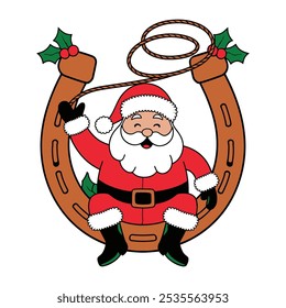 Cheerful Santa Claus Sitting on a Horseshoe Illustration