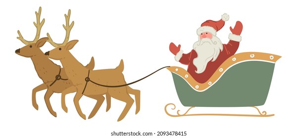 Cheerful Santa Claus sitting in sleigh with reindeers waving hand and driving. Christmas and new year celebration of winter holiday. Fun and leisure in winter, xmas character. Vector in flat
