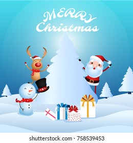 Cheerful santa claus, snowman, reindeer are christmas companion. Christmas presents in snow scene. Merry christmas and happy new year. Cartoon Vector Illustration.