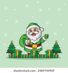 Cheerful Santa Claus Standing with Gifts by a Christmas Tree in a Snowy Winter Scene