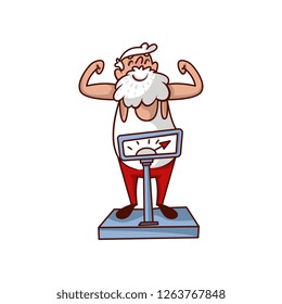 Cheerful Santa Claus standing on scales and showing biceps. Old bearded man with happy face. Cartoon vector design