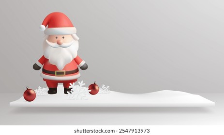 A cheerful Santa Claus stands among snowy trees and ornaments on a pastel winter background, spreading holiday joy and festive cheer.