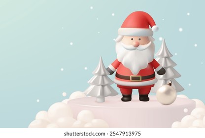 A cheerful Santa Claus stands among snowy trees and ornaments on a pastel winter background, spreading holiday joy and festive cheer.