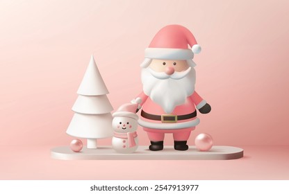 A cheerful Santa Claus stands among snowy trees and ornaments on a pastel winter background, spreading holiday joy and festive cheer.