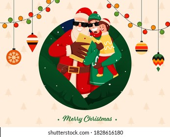 Cheerful Santa Claus Taking Selfie with Cartoon Man Holding His Son and Hanging Baubles on Xmas Tree Pattern Background for Merry Christmas.