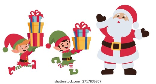 Alegre Papá Noel con dos ayudantes de elfo que llevan brillantes cajas de regalo de Navidad. Ilustración de invierno festivo perfecto para Anuncios de vacaciones, tarjetas, anuncios y diseños de temporada