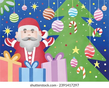 Cheerful Santa Claus waves his hand in greeting, heralding the arrival of Christmas.