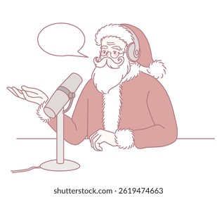 A cheerful Santa Claus wearing headphones at a microphone, perfect for various holiday media themes and presentations
