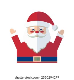 Cheerful Santa Claus wearing traditional red suit waving. Modern geometric Christmas flat design. Holiday theme clip art.