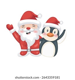 Cheerful Santa and Penguin Christmas Duo, Festive Wave