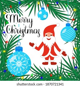 Cheerful Santa in red clothes surrounded needles, Christmas toys and colorful garland