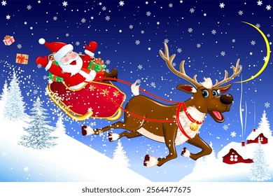 Cheerful Santa and reindeer riding down a snowy hill, against snowflakes, a snow-covered forest, and a small village. Winter Christmas night.