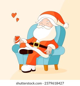 Cheerful Santa sitting on blue chair, Cartoon Groovy Santa Claus holding soda can. Merry Christmas Greeting card. Vector Illustration 